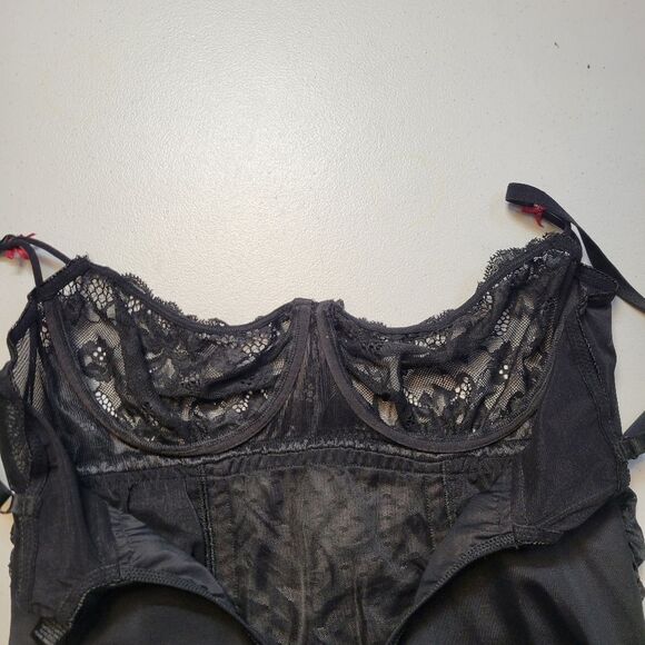 Frederick's of Hollywood Y2K Black Red Ruched Lace Chemise Mini Dress Garters - Picture 10 of 13